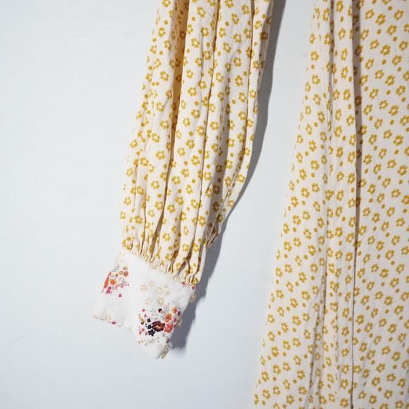 Free People Wonderland Floral Print VNeck Button Mini Dress Yellow Long Sleeve - Picture 3 of 11